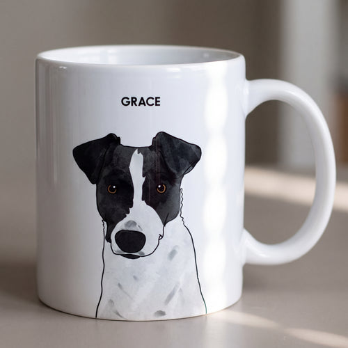 Black-and-white Jack Russell terrier with the Custom Watercolor Pet Portrait Mug - One Pet: close-up of gloss and wrap