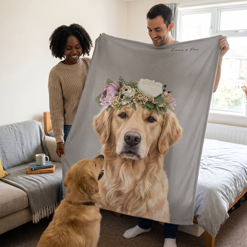 Golden retriever with the Full Bloom custom pet blanket: held up for size