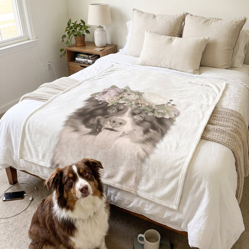 Australian shepherd with the Full Bloom custom pet blanket: on the bed