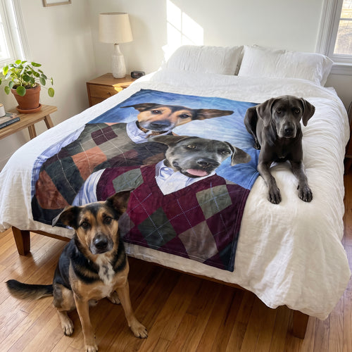 Shepherd mix and grey Labrador with the Step Brothers custom pet blanket: on the bed