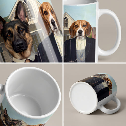 German shepherd and beagle with The American Gothic custom mug: close-up of gloss and wrap