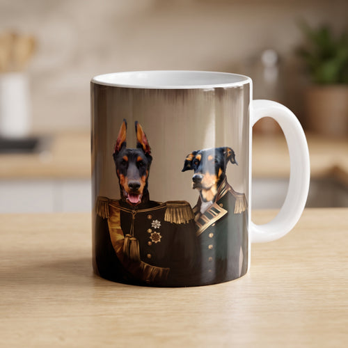 Doberman and black-and-tan terrier with The Brothers In Arms custom mug: close-up of gloss and wrap