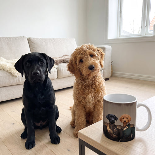 Black Labrador and goldendoodle with The Brothers In Arms custom mug: funny side-by-side