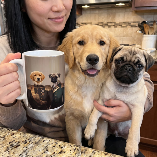 Golden retriever and pug with The Brothers In Arms custom mug: owner holding mug + pet