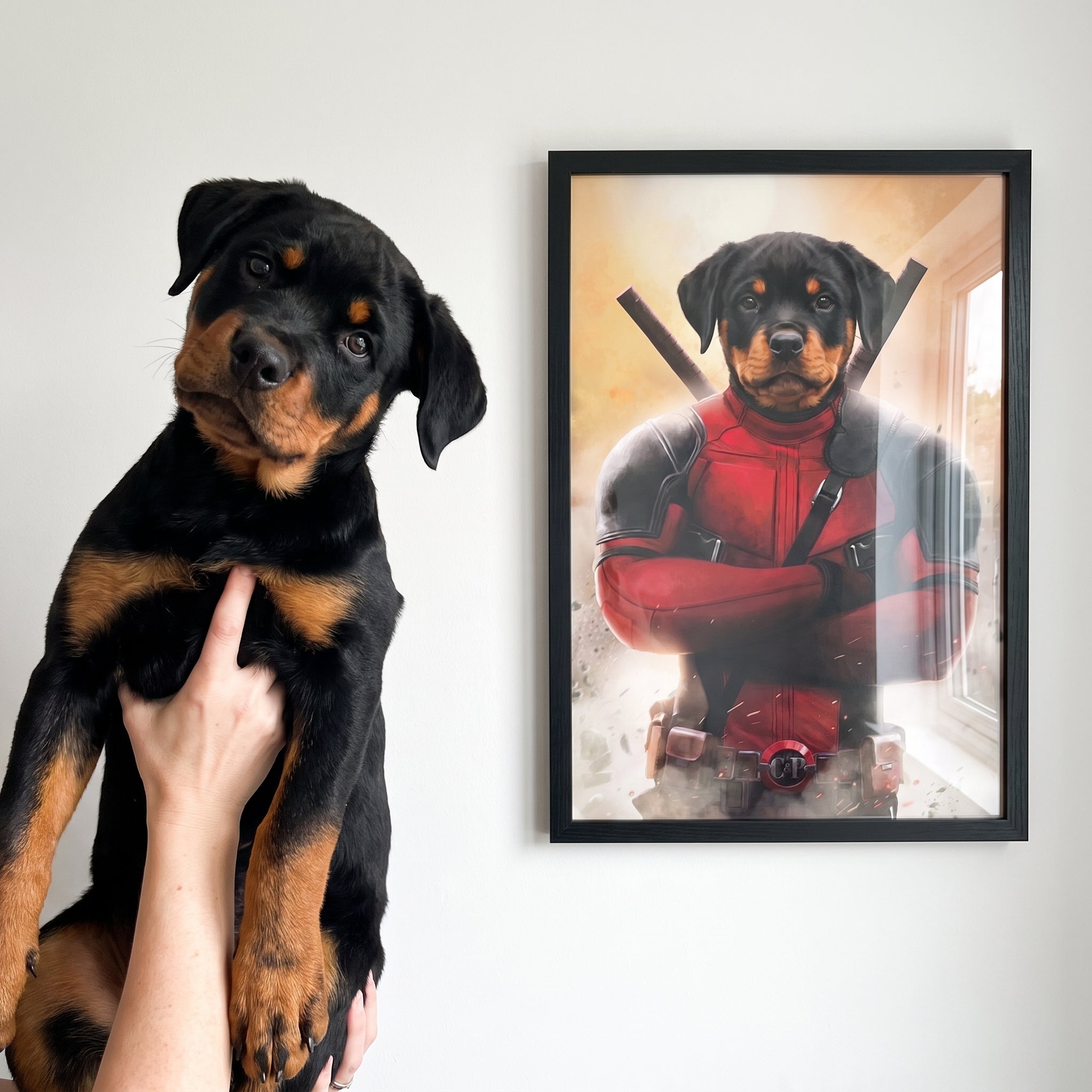 Rottweiler with The Deadpawl custom pet poster: side-by-side