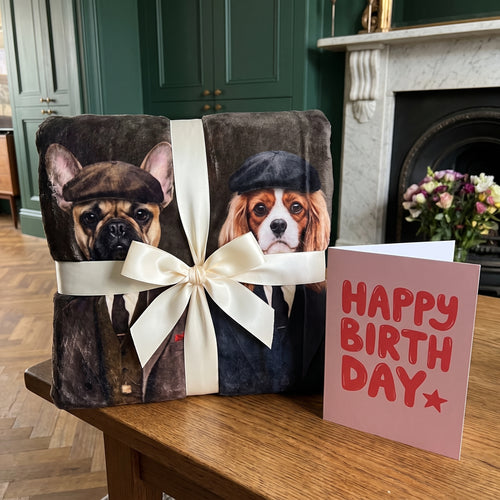 French bulldog and Cavalier King Charles spaniel with The Gangster Brothers custom pet blanket: gift