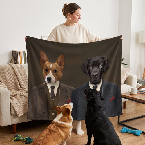 Pembroke Welsh corgi and black Labrador with The Gangster Brothers custom pet blanket: held up for size