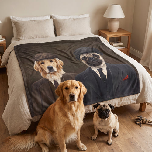 Golden retriever and pug with The Gangster Brothers custom pet blanket: on the bed