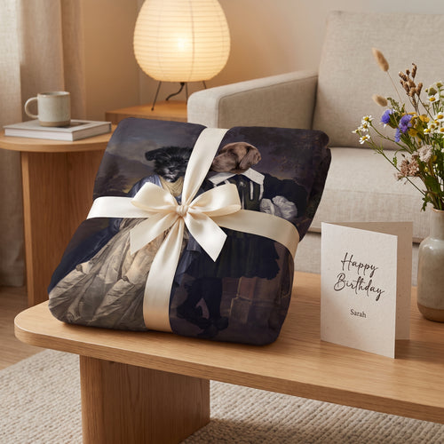 Miniature schnauzer and chocolate Labrador with The Midnight Stroll custom pet blanket: gift