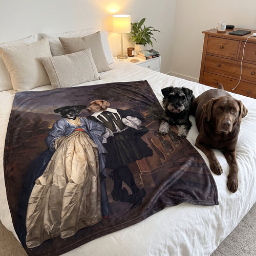 Miniature schnauzer and chocolate Labrador with The Midnight Stroll custom pet blanket: on the bed