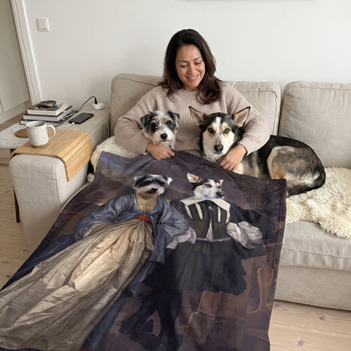 Schnauzer mix and husky mix with The Midnight Stroll custom pet blanket: owner + pet on sofa