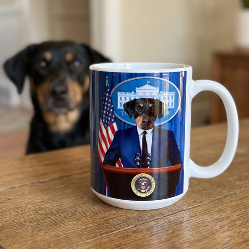 Black-and-tan mixed-breed dog with The Pawresident custom mug: close-up of gloss and wrap