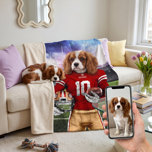Cavalier King Charles spaniel with The Pawty Niners custom pet blanket: pet + phone + blanket