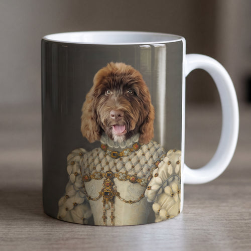 Chocolate labradoodle with The Princess custom mug: close-up of gloss and wrap