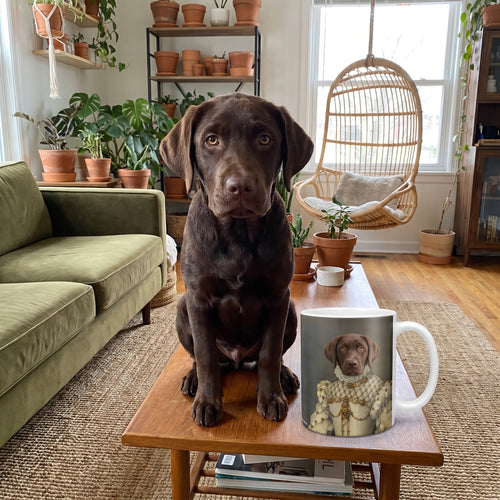 Chocolate Labrador with The Princess custom mug: funny side-by-side