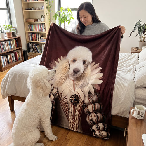 White standard poodle with The Queen custom pet blanket: held up for size