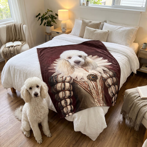 White standard poodle with The Queen custom pet blanket: on the bed