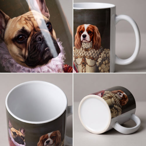 French bulldog and Cavalier King Charles spaniel with The Queen of Roses and Princess custom mug: close-up of gloss and wrap