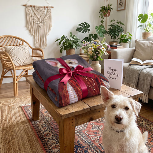 White terrier mix with The Queen of Roses custom pet blanket: gift