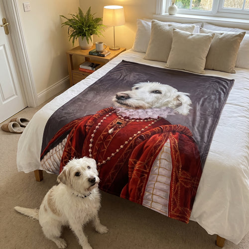 White terrier mix with The Queen of Roses custom pet blanket: on the bed