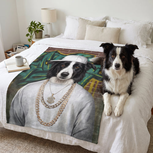 Border collie with The Rapper custom pet blanket: on the bed