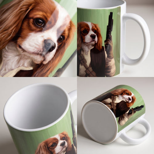 Cavalier King Charles spaniel with The Rebel custom mug: close-up of gloss and wrap