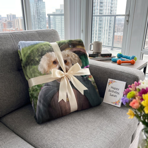 Cream poodle mix with The Ringbearer custom pet blanket: gift