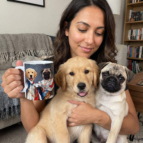 Golden retriever and pug with The Rulers custom mug: owner holding mug + pet