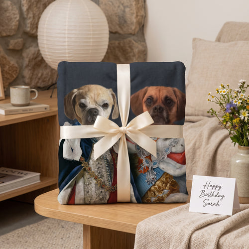 Two puggles with The Rulers custom pet blanket: gift