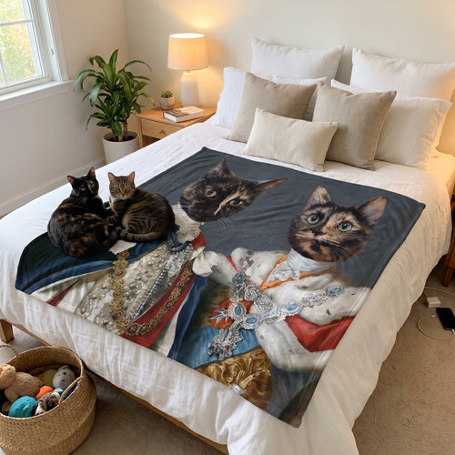 Tortoiseshell cat and tabby cat with The Rulers custom pet blanket: on the bed
