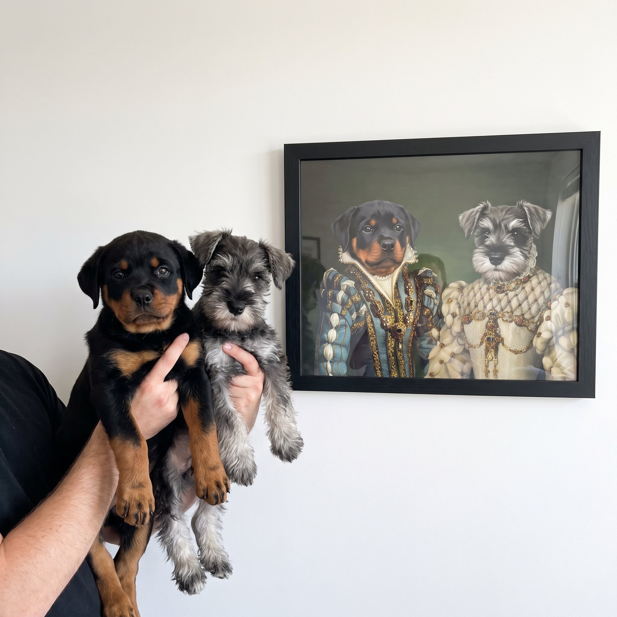 Rottweiler and miniature schnauzer with The Sapphire Queen and Princess custom pet poster: side-by-side