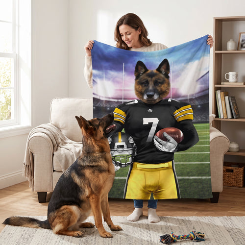 German shepherd with The Snack Steelers custom pet blanket: held up for size