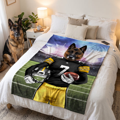 German shepherd with The Snack Steelers custom pet blanket: on the bed