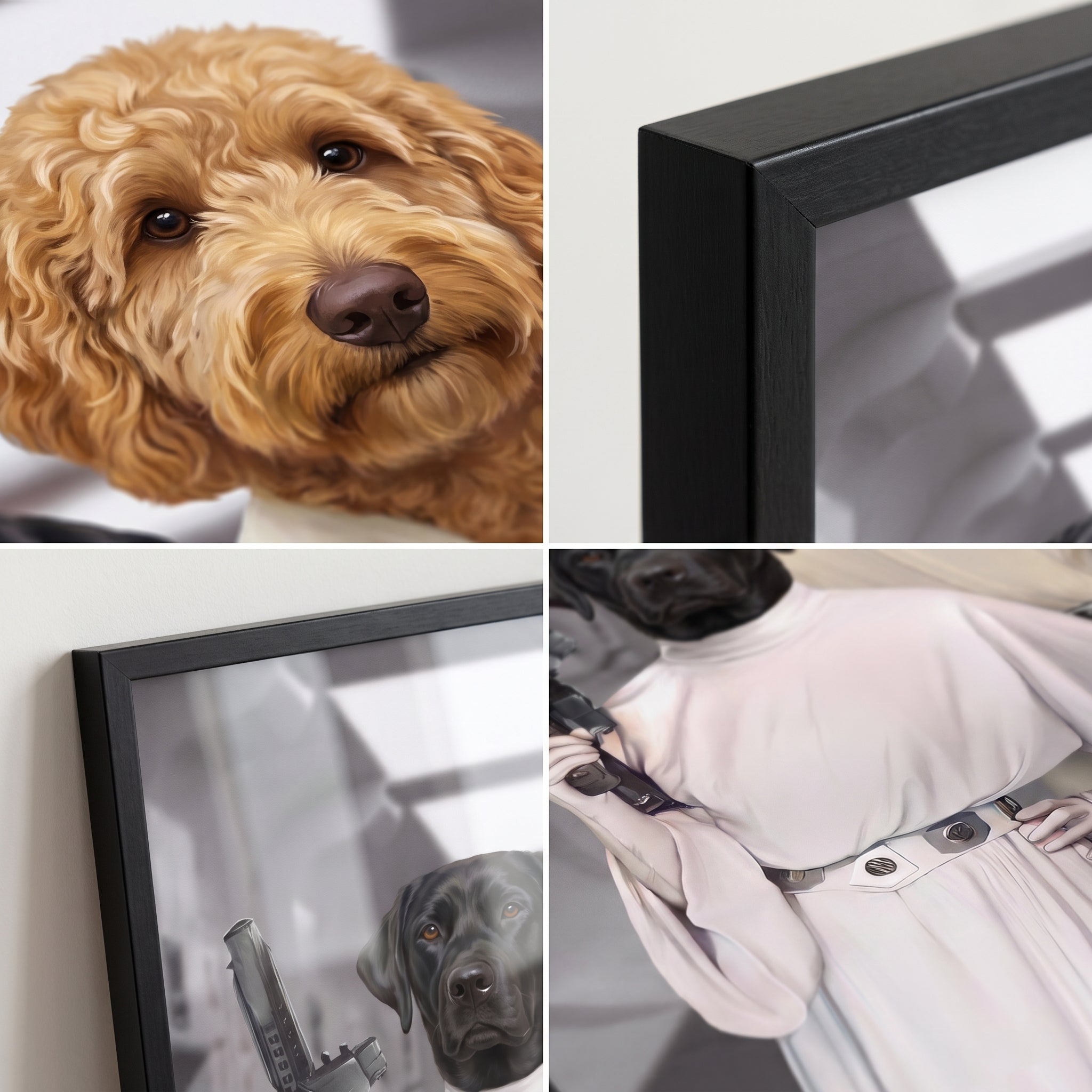 Black Labrador and goldendoodle with The Space Siblings custom pet poster: close-up by substrate