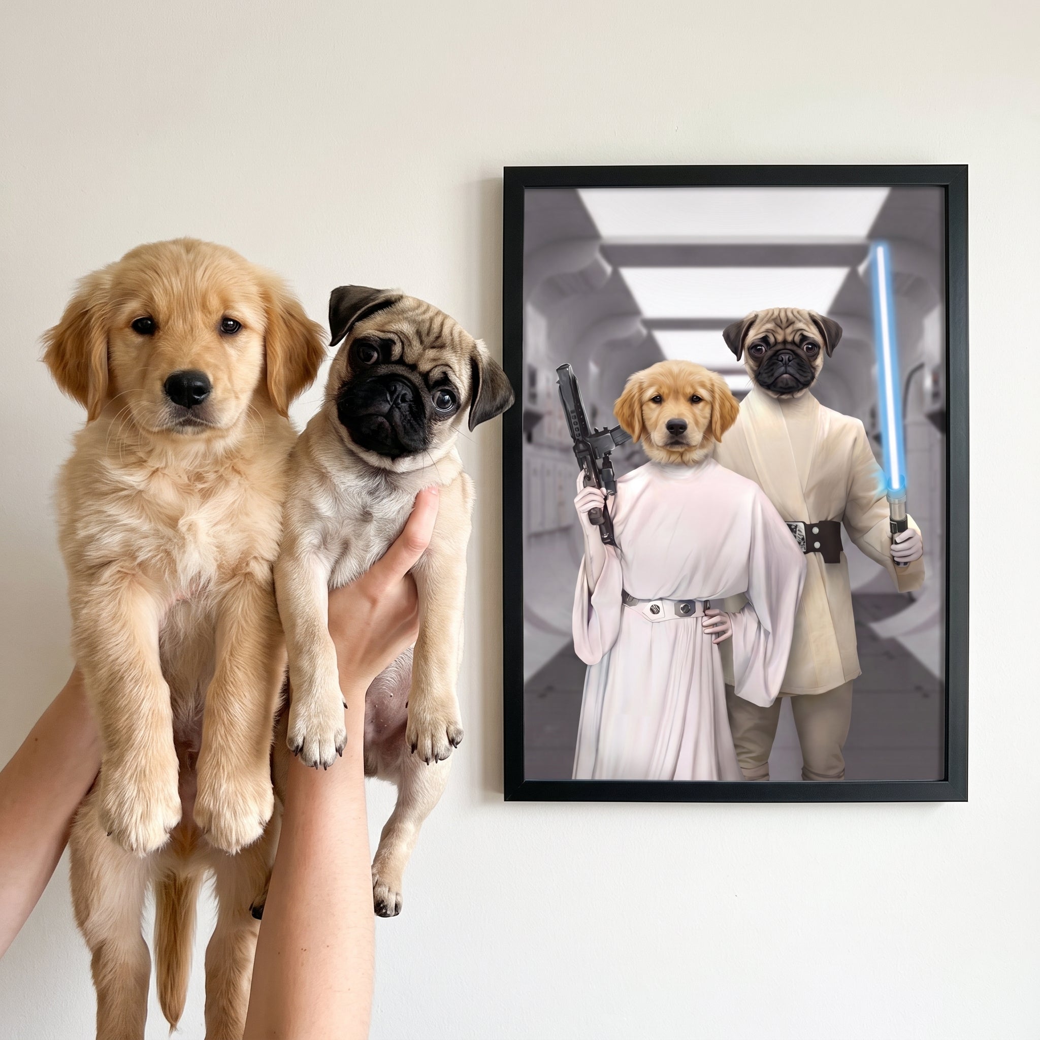 Golden retriever and pug with The Space Siblings custom pet poster: side-by-side