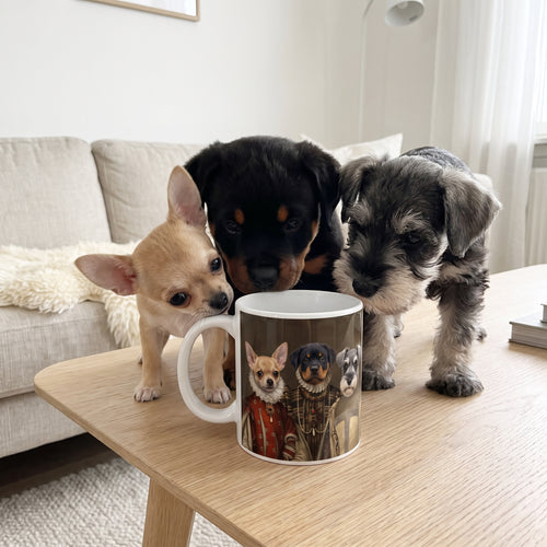 Chihuahua, Rottweiler and miniature schnauzer with The Three Queens custom mug: funny side-by-side