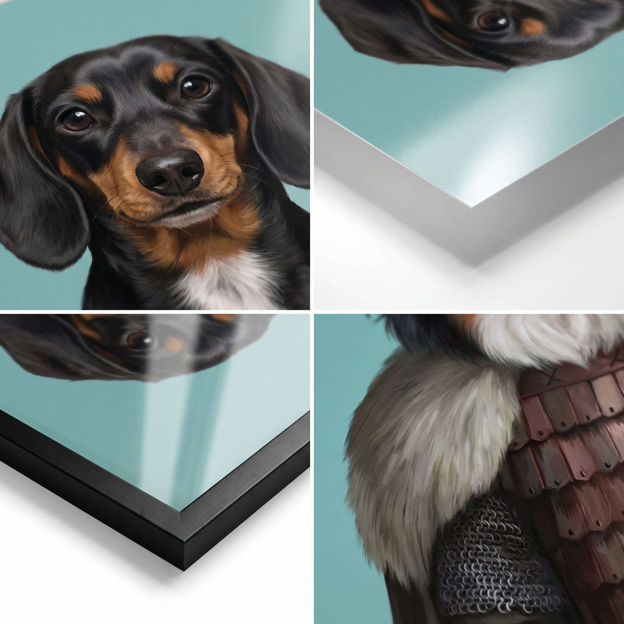 Miniature dachshund with The Viking custom pet poster: close-up by substrate