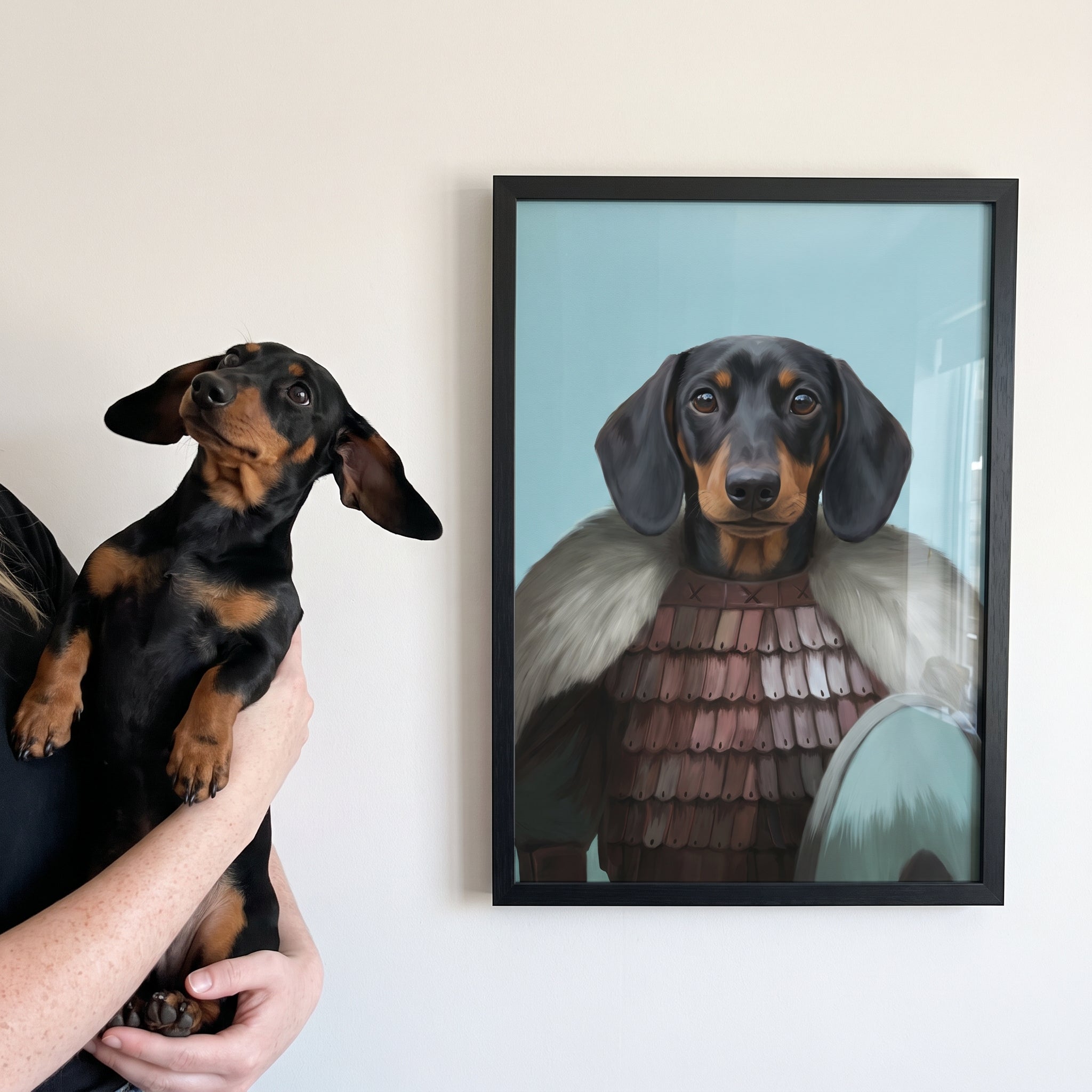 Miniature dachshund with The Viking custom pet poster: side-by-side