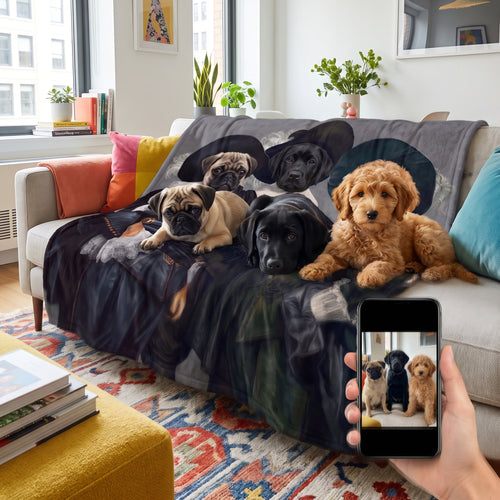 Pug, black Labrador and goldendoodle with the Three Musketeers custom pet blanket: pet + phone + blanket