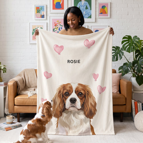 Cavalier King Charles spaniel with the Valentines Pet Face Blanket - One Pet: held up for size
