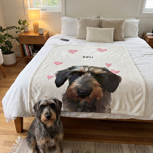 Wire-haired dachshund with the Valentines Pet Face Blanket - One Pet: on the bed