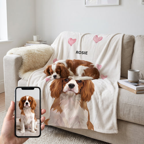Cavalier King Charles spaniel with the Valentines Pet Face Blanket - One Pet: pet + phone + blanket