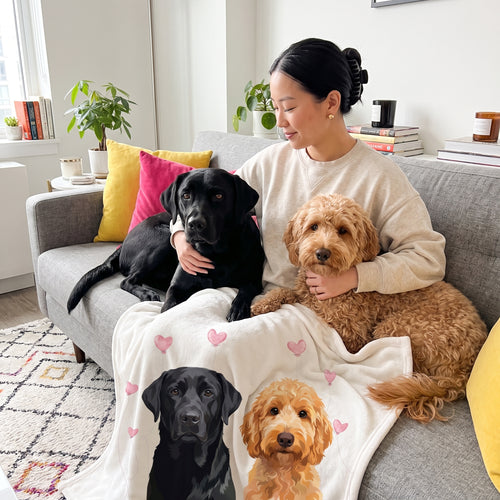 Black Labrador and goldendoodle with the Valentines Pet Face Blanket - Two Pets: owner + pet on sofa