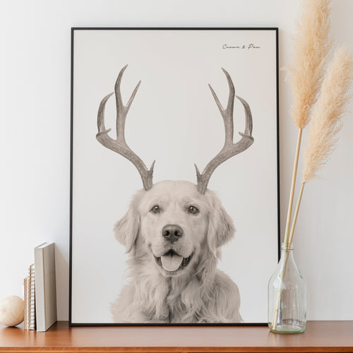 Crown and Paw - Canvas Elk Antlers Pet Portrait - Custom Canvas