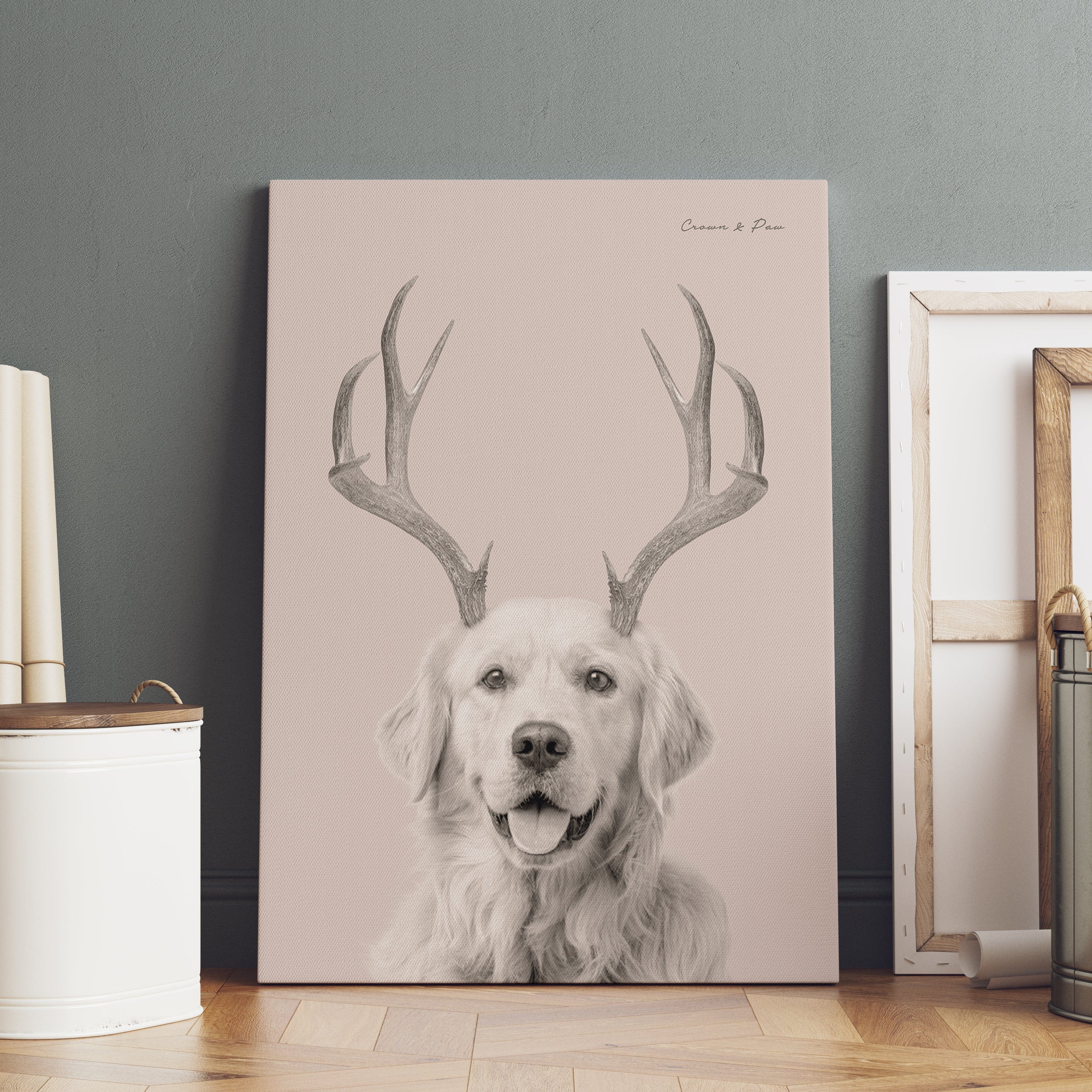 Crown and Paw - Canvas Elk Antlers Pet Portrait - Custom Canvas