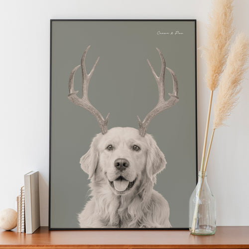 Crown and Paw - Canvas Elk Antlers Pet Portrait - Custom Canvas 8" x 10" / Green