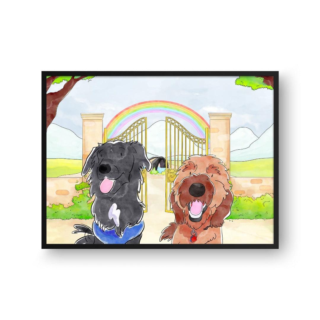 Crown and Paw - Framed Poster Watercolor Pet Portrait - Two Pets, Framed Poster 10" x 8" / Black / Rainbow Bridge