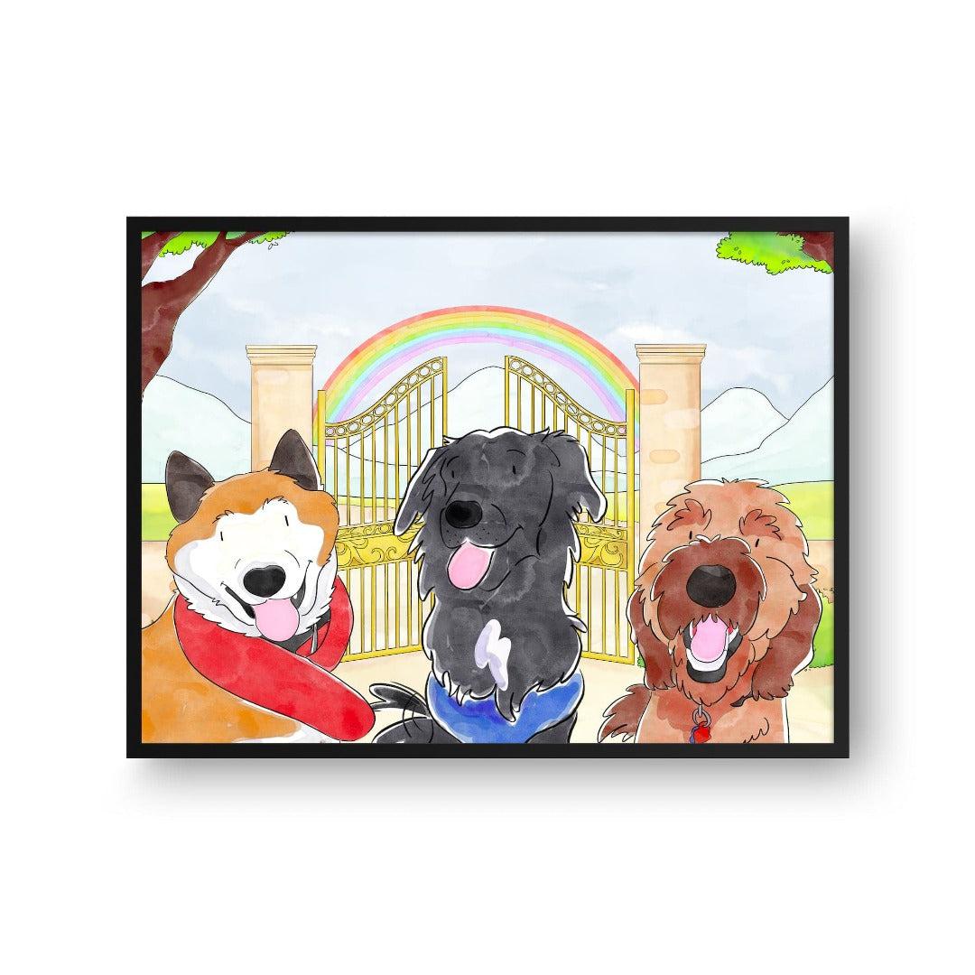 Crown and Paw - Framed Poster Watercolor Pet Portrait - Three Pets, Framed Poster 10" x 8" / Black / Rainbow Bridge