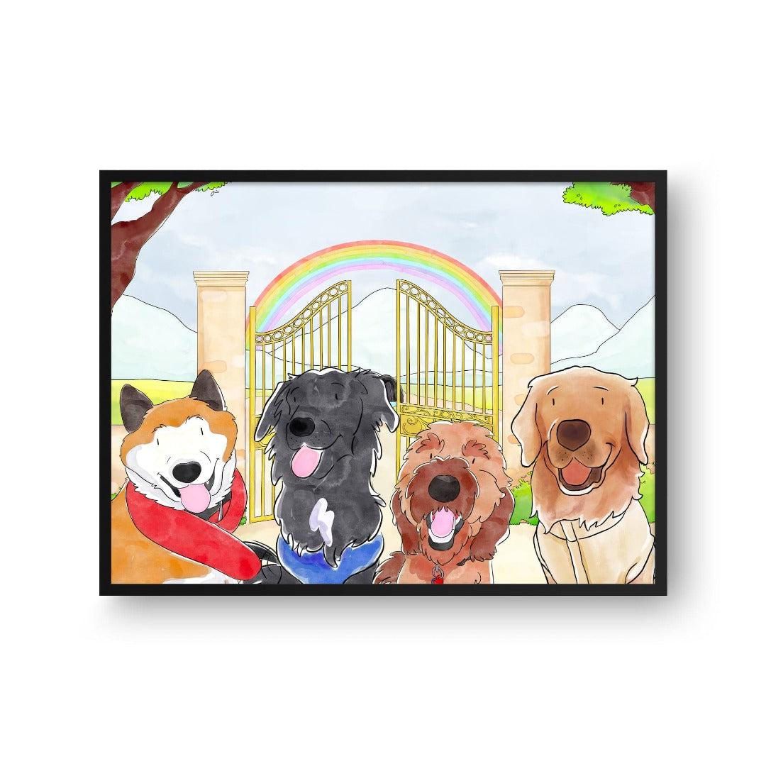 Crown and Paw - Framed Poster Watercolor Pet Portrait - Four Pets, Framed Poster 10" x 8" / Black / Rainbow Bridge