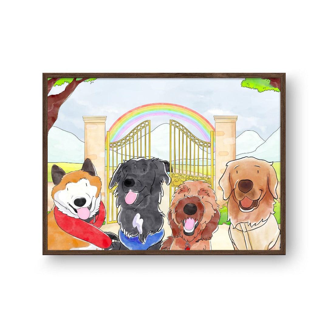 Crown and Paw - Framed Poster Watercolor Pet Portrait - Four Pets, Framed Poster 10" x 8" / Walnut / Rainbow Bridge
